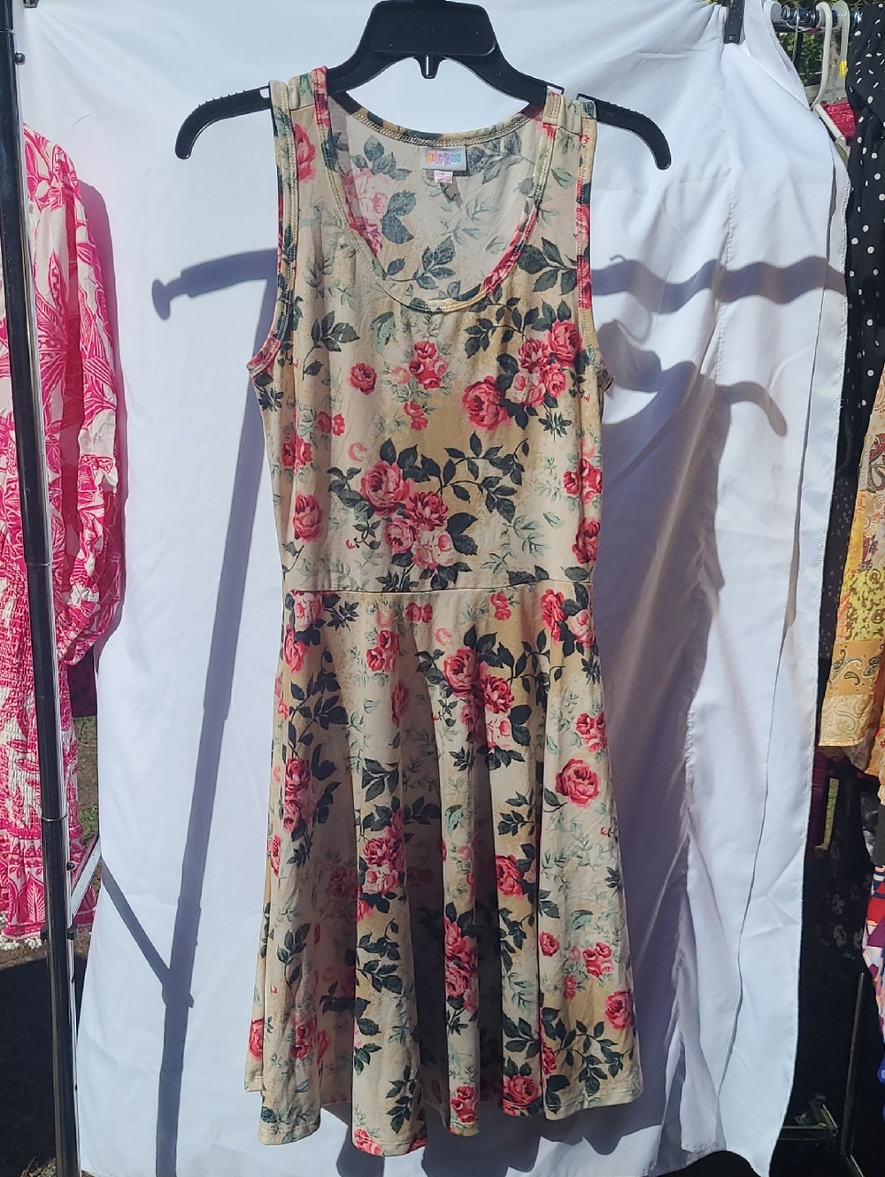 LuLaRoe Beige Floral Midi Dress with Pink Roses